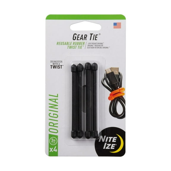 Nite Ize 4-Pack Gear Tie Reusable Rubber Twist Tie, 3" - Black
