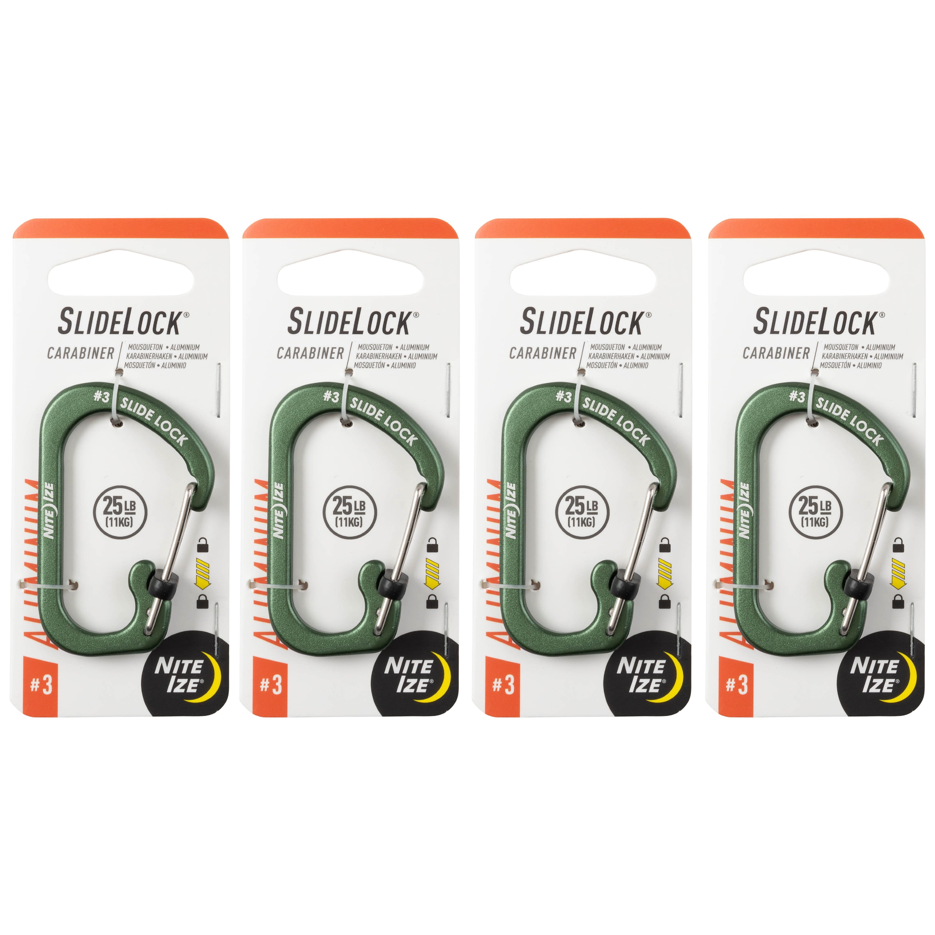 Nite Ize SlideLock Carabiner 4-Pack | Aluminum Locking Carabiner Clip For Keys & Gear | Lightweight Rectangular Design | Holds 75 Lbs | Size 4, Red | Daily Use Clip