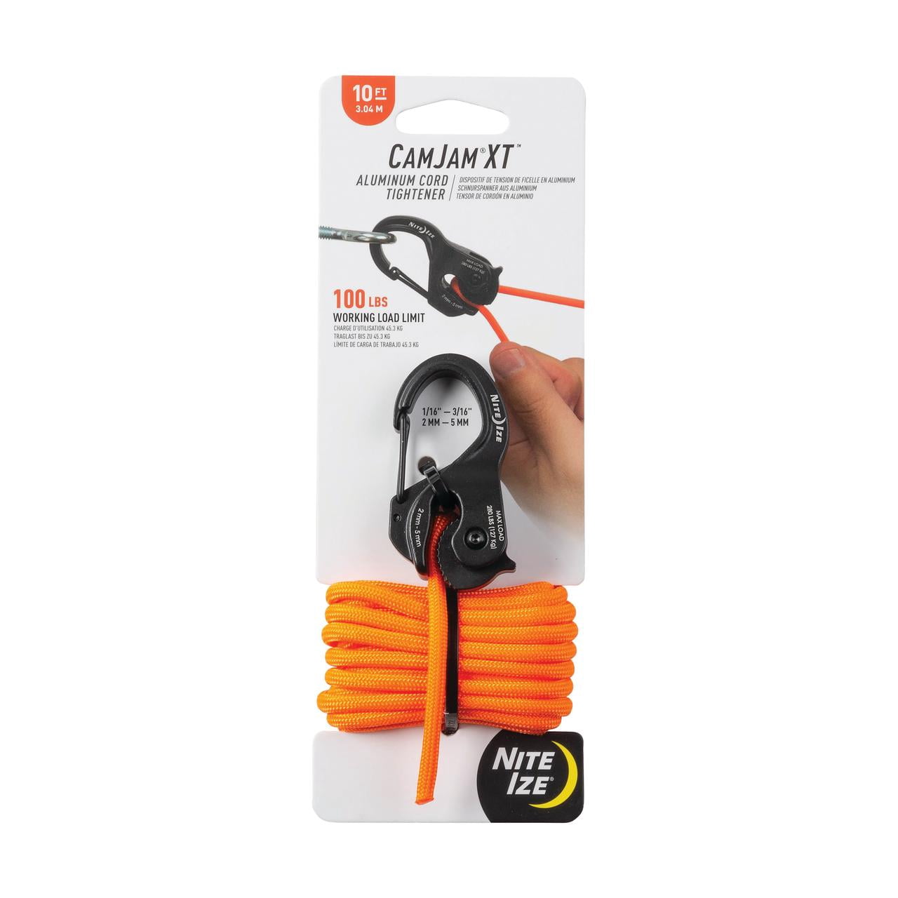 Nite Ize CamJam XT Small Aluminum Cord Tightener Tie Down with 10FT Orange Cord