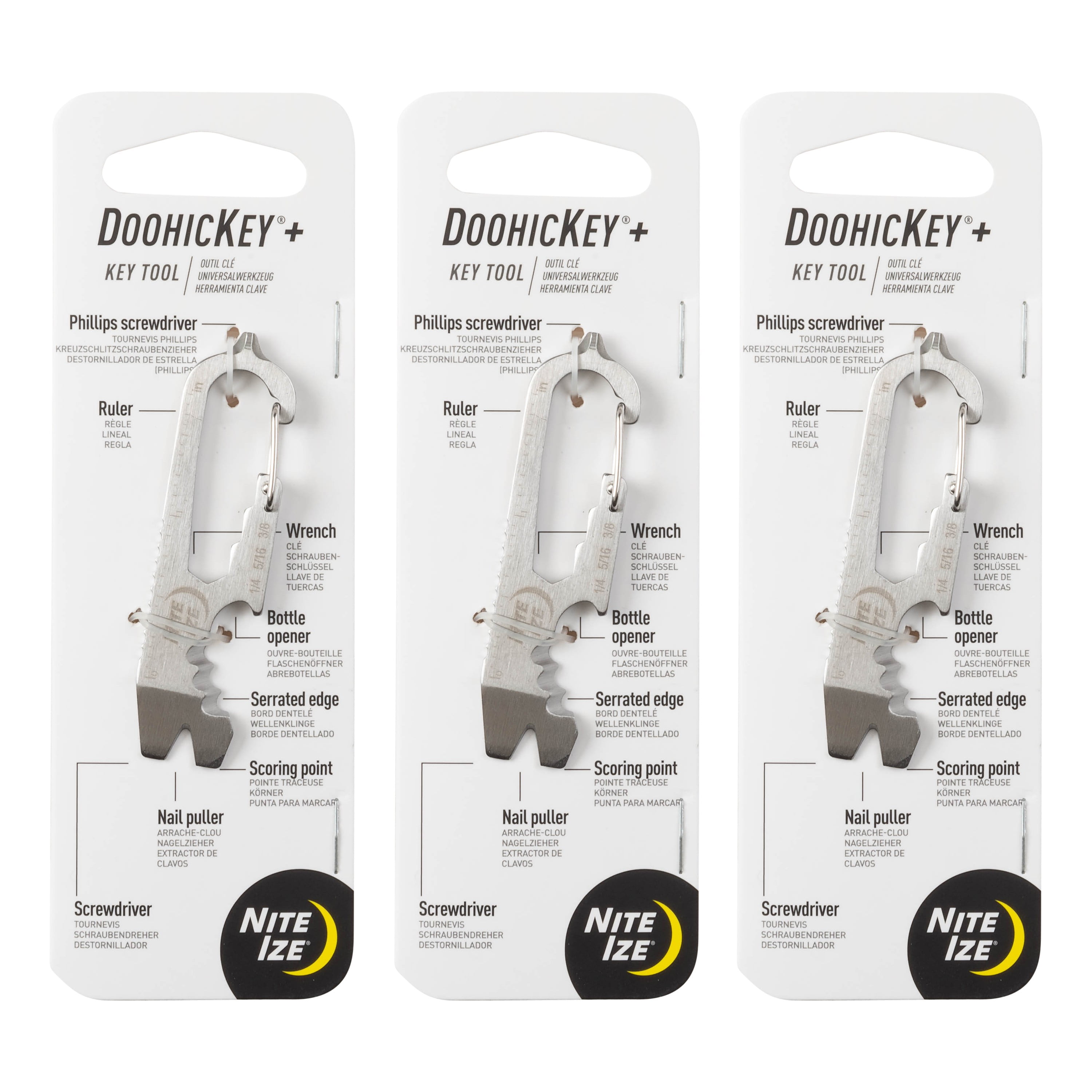 Nite Ize DoohicKey Plus Key Tool - Stainless Steel Carabiner 8-in-1 Multi Tool - Pocket Gadget with Screwdrivers, Bottle Opener, Ruler, Wrench, Bottle Opener & More - 3 Count (3 Pack)