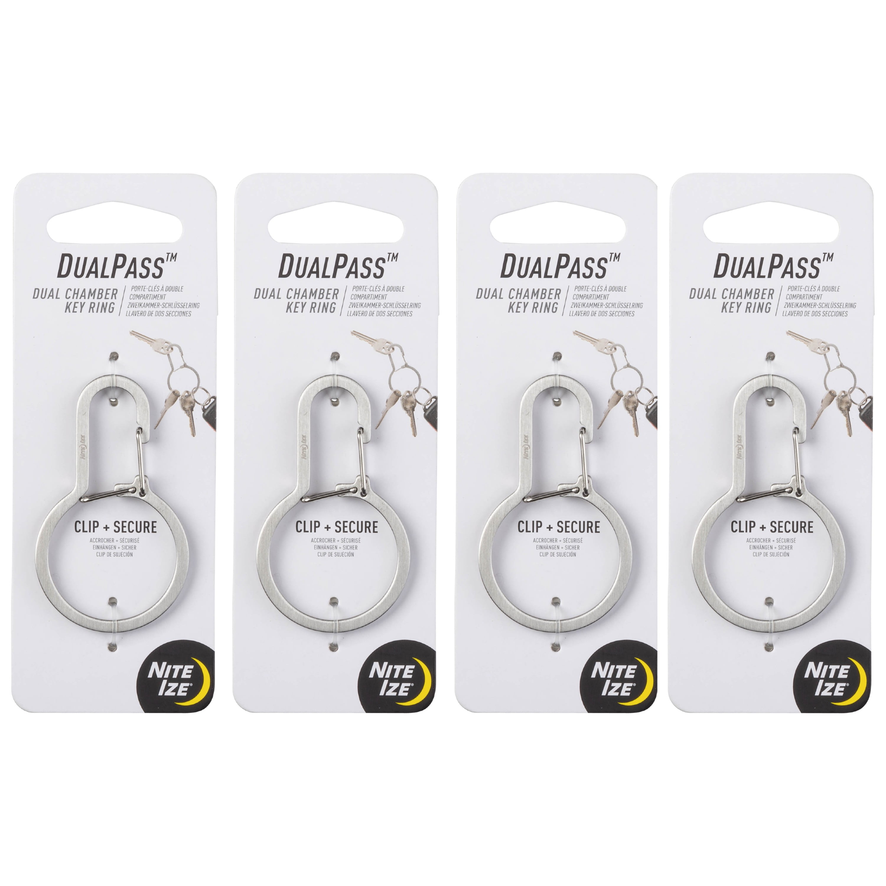Nite Ize DualPass Dual Chamber Key Ring - Heavy-Duty Carabiner Clip with Inner Gate - Organizer Keychain for Multiple Keys & Fobs - Ring Carabiner - 4 Pack