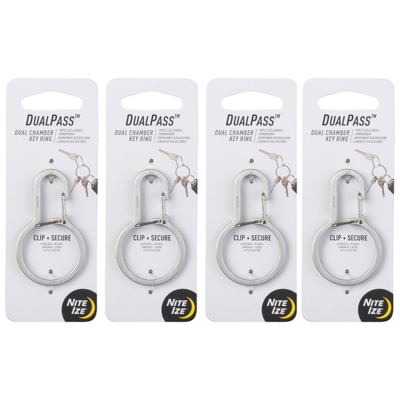 Nite Ize DualPass Dual Chamber Key Ring - Heavy-Duty Carabiner Clip with Inner Gate - Organizer Keychain for Multiple Keys & Fobs - Ring Carabiner - 4 Pack