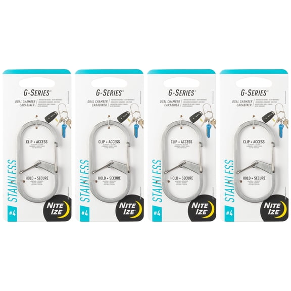 Nite Ize G-Series Dual Chamber Carabiner - Carabiner Clip for Water Bottles, Hats & Keychains - Dual Chamber Key Organizer - Key Holder Accessories - Size 4, Stainless (4 Pack)