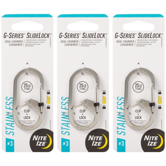 Nite Ize G-Series SlideLock Dual Chamber Carabiner - Key Holder & Organizer with SlideLock - Heavy-Duty Carabiner Clip for Car Keys, Keychain Accessories & More - Size 3, Stainless Steel (3 Pack)