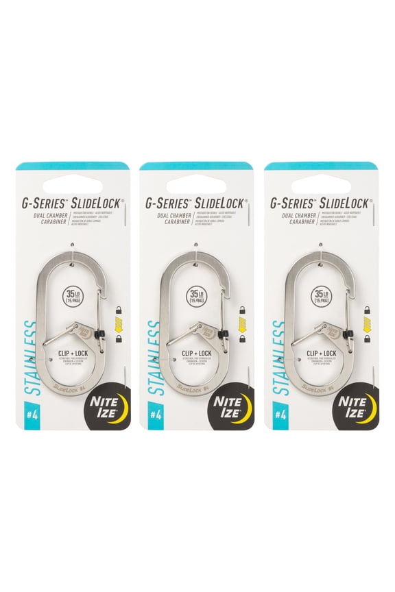 G-Series SlideLock Dual Chamber Carabiner - Key Holder & Organizer with SlideLock - Heavy-Duty Carabiner Clip for Car Keys, Keychain Accessories & More - Size 4, Stainless Steel (3 Pack)