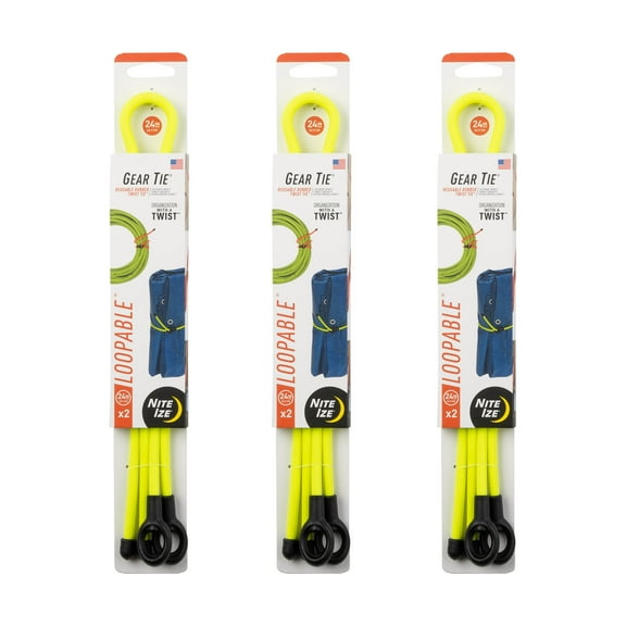 Nite Ize Gear Tie Loopable Twist Tie - Reusable & Flexible Twist Ties - Bendable Cable Ties for Gear & Cords - Loopable for Secure Fastening - 24", Neon Yellow (3 Pack)