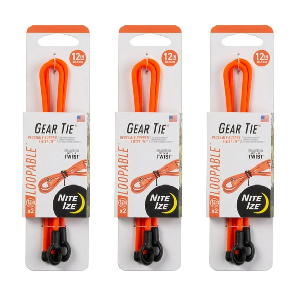 Nite Ize Gear Tie Loopable Twist Tie - Reusable & Flexible Twist Ties - Bendable Cable Ties for Gear & Cords - Loopable Ties for Secure Fastening - 12", Bright Orange (3 Pack)