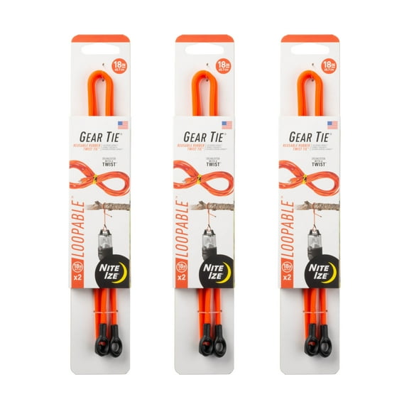 Nite Ize Gear Tie Loopable Twist Tie - Reusable & Flexible Twist Ties - Bendable Cable Ties for Gear & Cords - Loopable Ties for Secure Fastening - 18", Bright Orange (3 Pack)