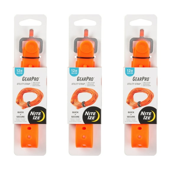 Nite Ize GearPro Utility Strap - Durable All-Purpose Utility Strap with Aluminum Buckle - Rubber Strap for Securing Equipment & Gear - UV-Resistant & Stretchy Strap - 12", Bright Orange (3 Pack)