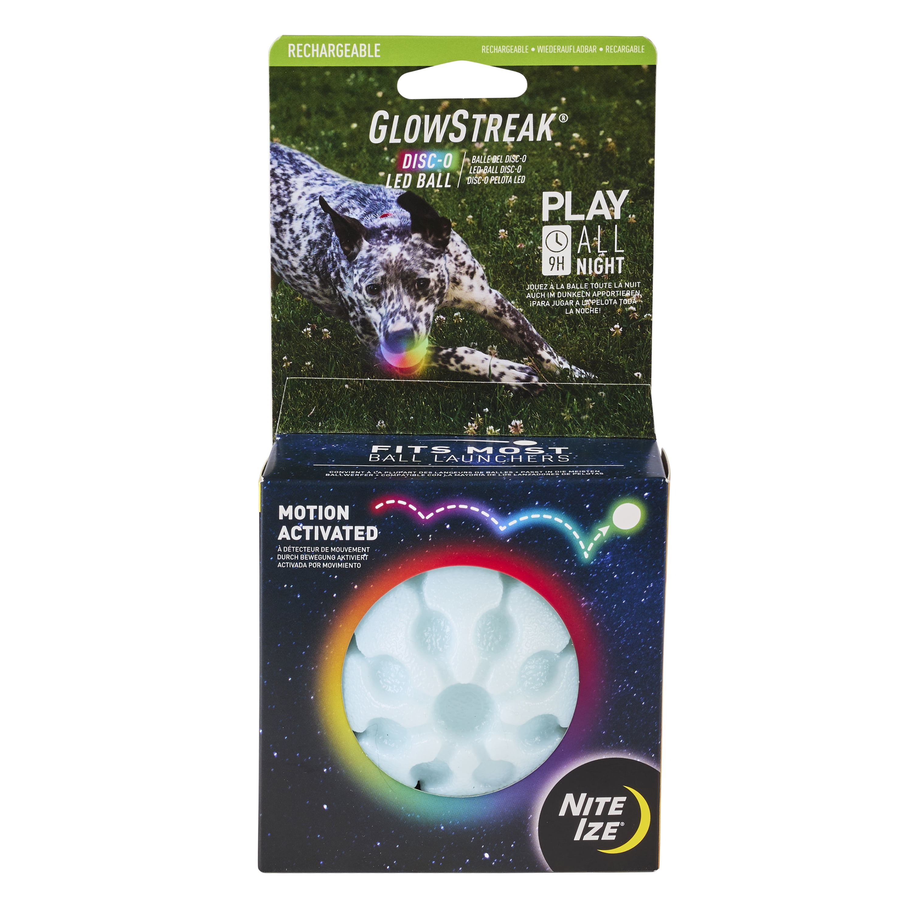 Nite Ize GlowStreak Rechargeable LED Ball - Rubber Dog Toy - Motion-Activated & Waterproof Design - 9 Hours of Runtime - Premium Dog Toys - Disc-O
