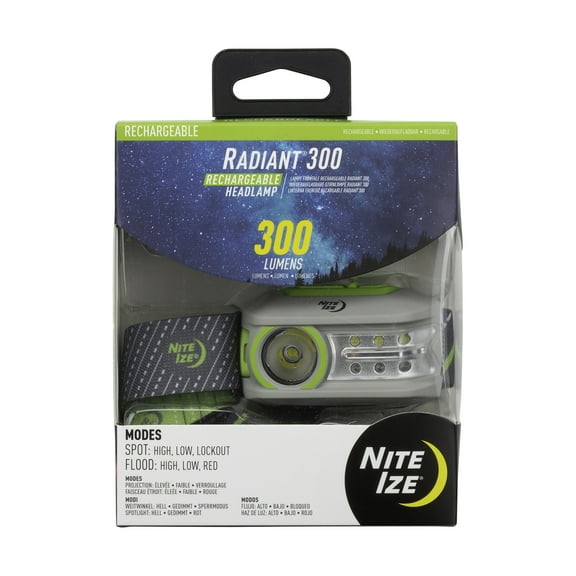 Nite Ize R300RH-17-R8 Radiant 300 Rechargeable LED Headlamp, 300 Lumen Headlight with USB Recharging Cord, Red + White LED's, Multiple Modes Plus Lockout, Green
