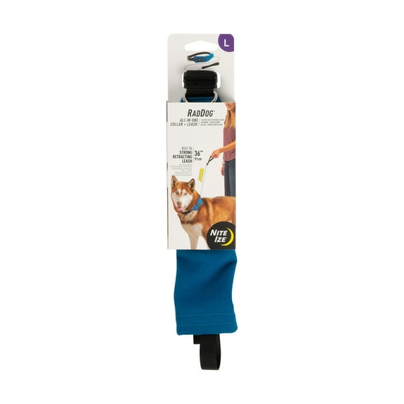 Nite Ize Raddog All-in-One Collar + Leash Combo, Dog Collar with Built-in Retractable Leash, Blue, Large 16"-20"