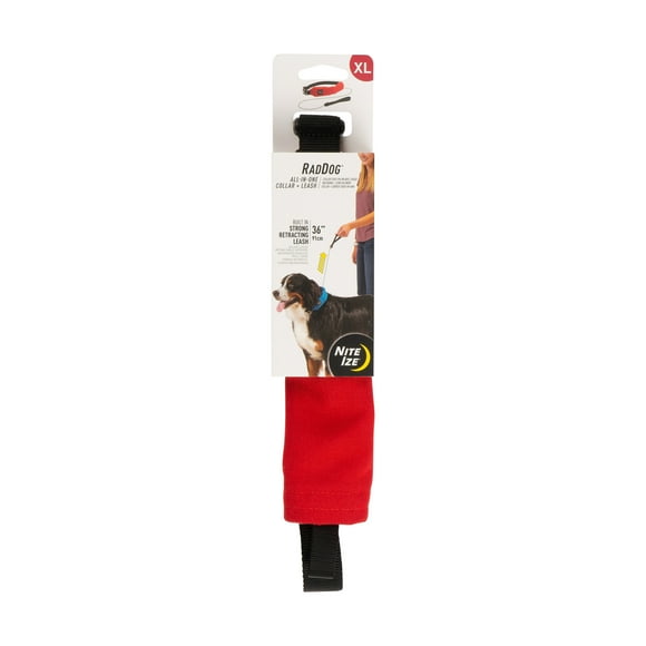 Nite Ize Raddog All-In-One Collar + Leash Combo, Dog Collar With Built-In Retractable Leash, Red, X-Large 20"-25"