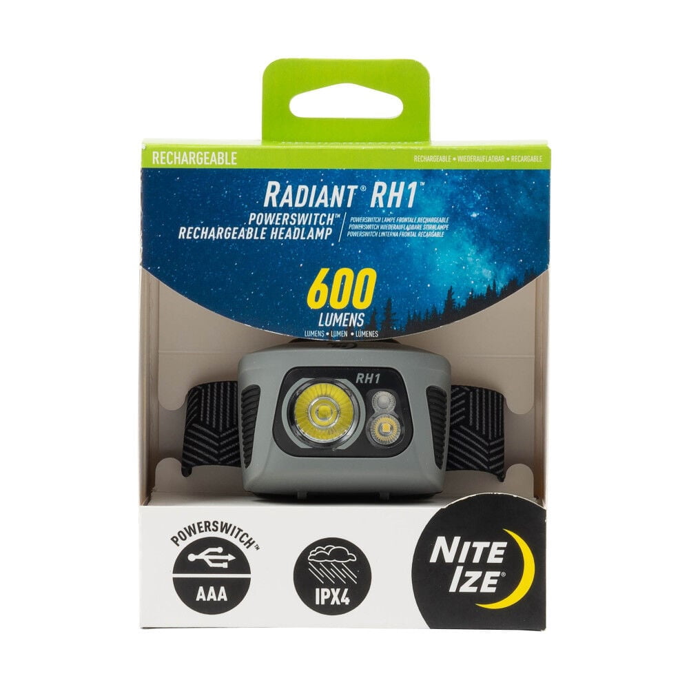 Nite Ize Radiant RH1 PowerSwitch Rechargeable Headlamp - Headlamp with Red Mode for Camping & Hiking - Rechargeable Battery - Hands-Free Light with 6 Modes Plus Lockout -Impact Resistant & IPX4 Rated