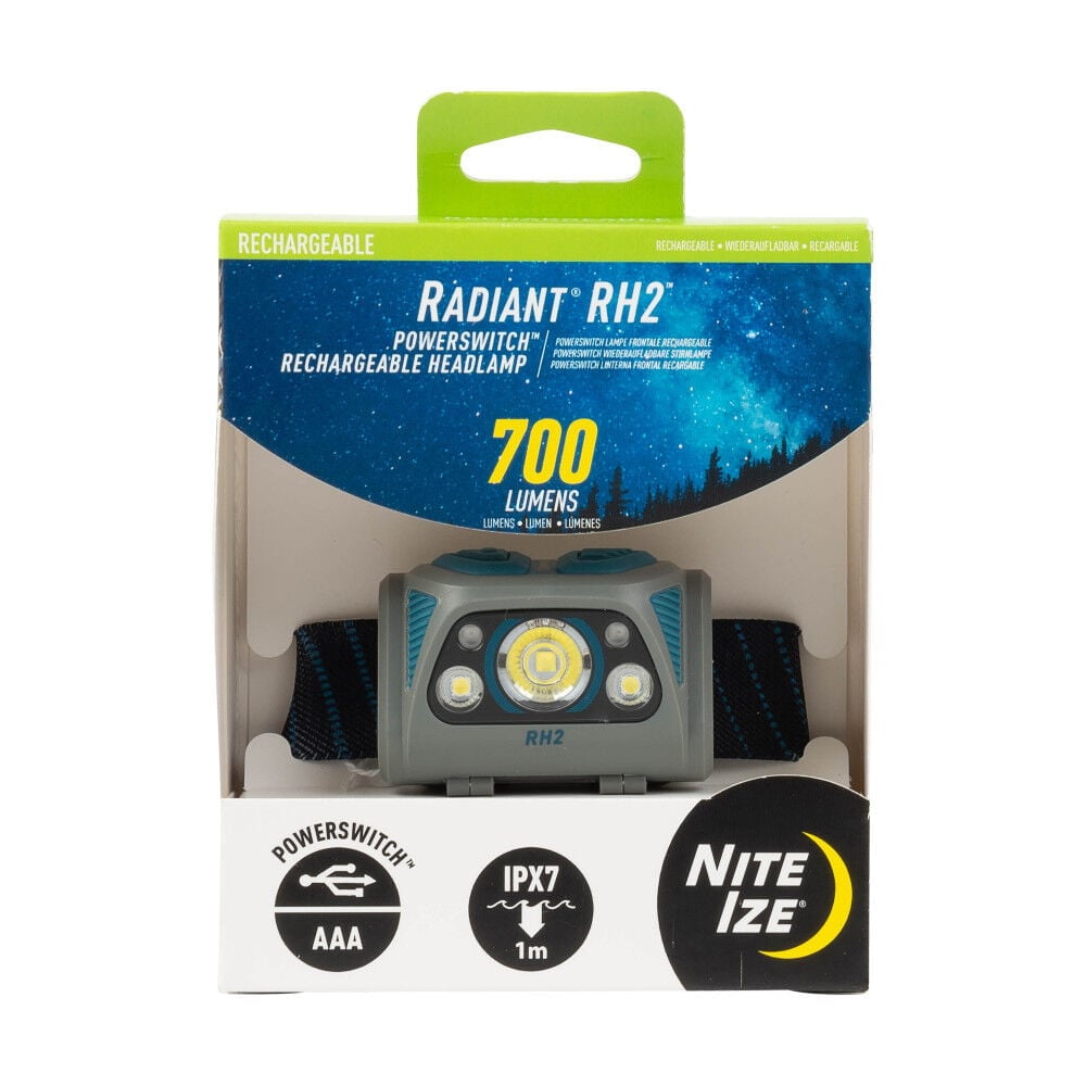 Nite Ize Radiant RH2 PowerSwitch Rechargeable Headlamp - Hands-Free Flashlight Alternative - Headlamp for Backpack Gear, Camping Equipment & More - Waterproof & Lightweight Headlamp - Blue/Grey