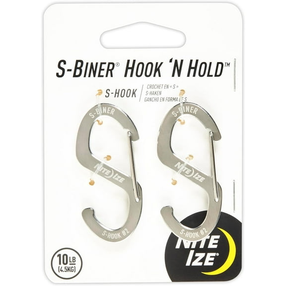 Nite Ize S-Biner Hook 'N Hold Stainless Steel S-Hook with Clip Small 2-Count