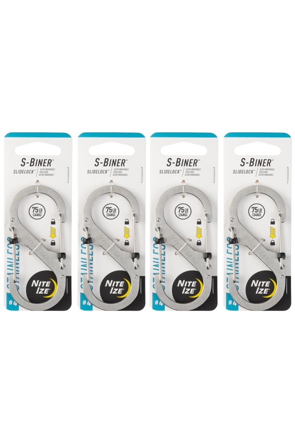 S-Biner SlideLock Stainless Steel - Secure Key Holder Carabiner with SlideLocks - Key & Keychain Organizer - Lockable Carabiner for Daily Use - 75lb Weight Rating -Size 4, Stainless (4 Pack)