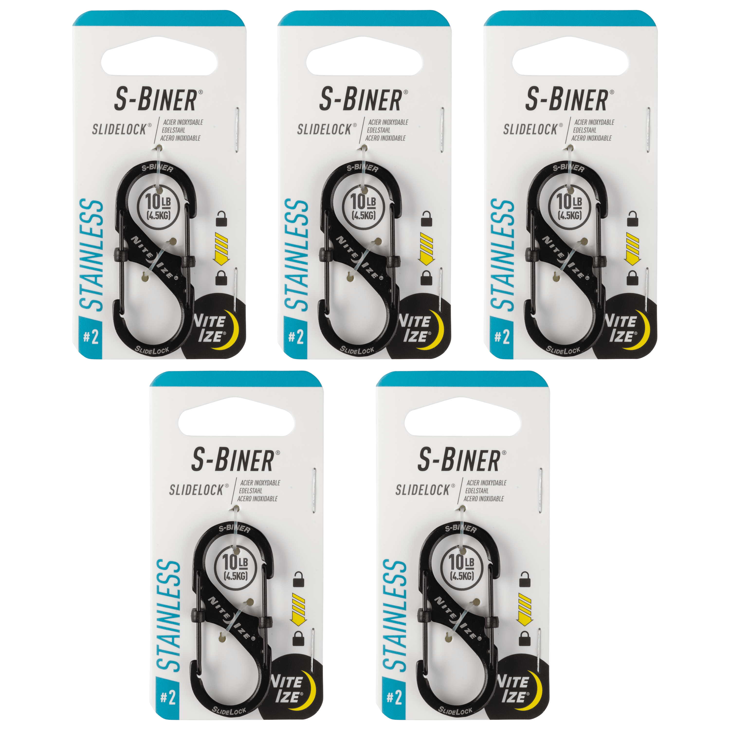 Nite Ize S-Biner SlideLock Stainless Steel - Secure Key Holder Carabiner with SlideLocks - Key & Keychain Organizer - Lockable Carabiner for Daily Use - Size 2, Black (5 Pack)