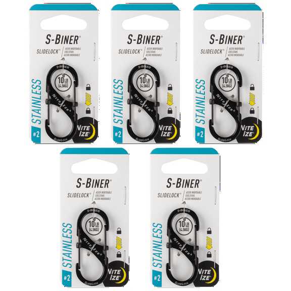 Nite Ize S-Biner SlideLock Stainless Steel - Secure Key Holder Carabiner with SlideLocks - Key & Keychain Organizer - Lockable Carabiner for Daily Use - Size 2, Black (5 Pack)