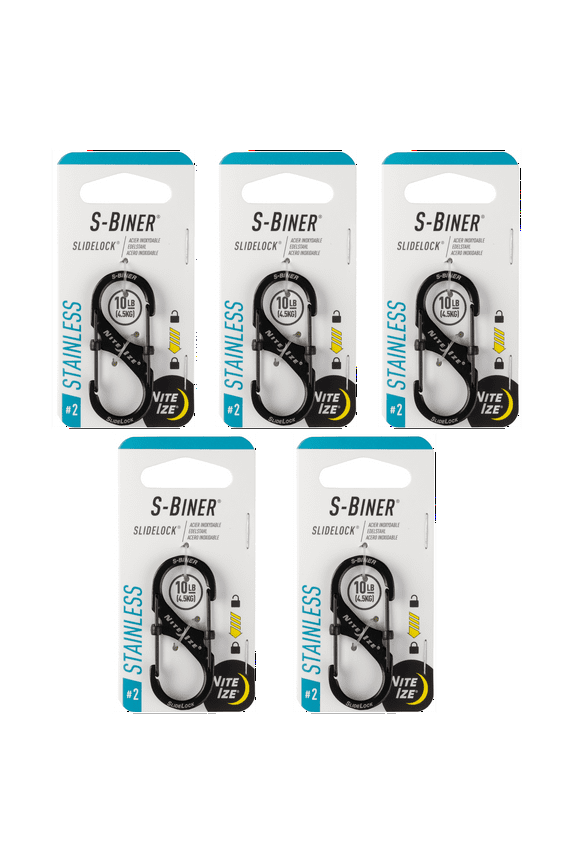 S-Biner SlideLock Stainless Steel - Secure Key Holder Carabiner with SlideLocks - Key & Keychain Organizer - Lockable Carabiner for Daily Use - Size 2, Black (5 Pack)