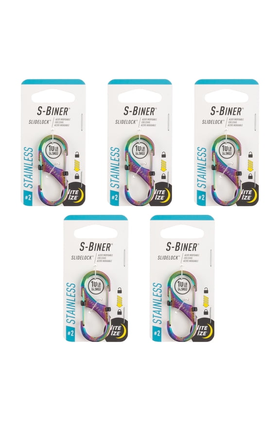 S-Biner SlideLock Stainless Steel - Secure Key Holder Carabiner with SlideLocks - Key & Keychain Organizer - Lockable Carabiner for Daily Use - Size 2, Spectrum (5 Pack)