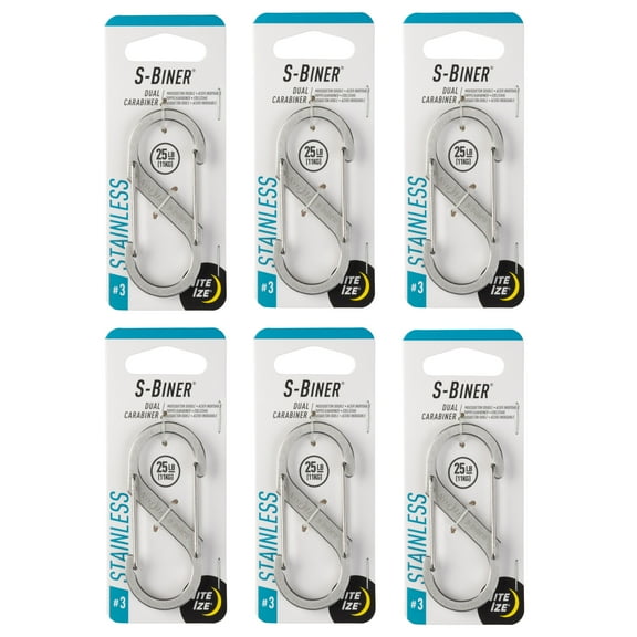 Nite Ize S-Biner Stainless Steel Dual Carabiner - Multi Purpose Dual Carabiner Clip - Great for Camping Supplies & Hiking Essentials - Secure Key Holder - Size 3, Stainless (6 Pack)