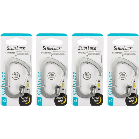 Nite Ize SlideLock Carabiner Stainless Steel - Key Holder Carabiner for Daily Use - Secure Keychain Organizer with Lock - Lockable Carabiner Fits Multiple Keys - Size 3, Stainless Steel (4 Pack)