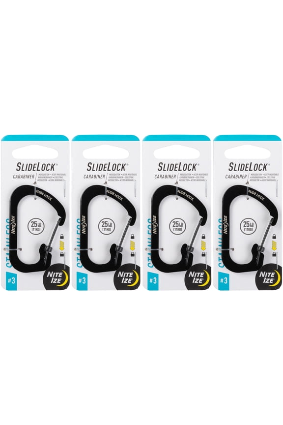 SlideLock Carabiner Stainless Steel - Key Holder Carabiner for Daily Use - Secure Keychain Organizer with Lock - Lockable Carabiner Fits Multiple Keys - Size 3, Black (4 Pack)