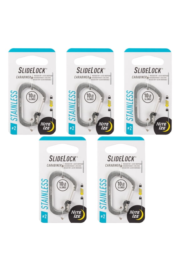 SlideLock Carabiner Stainless Steel - Key Holder Carabiner for Daily Use - Secure Keychain Organizer with Lock - Lockable Carabiner Fits Multiple Keys - Size 2 (5 Pack)