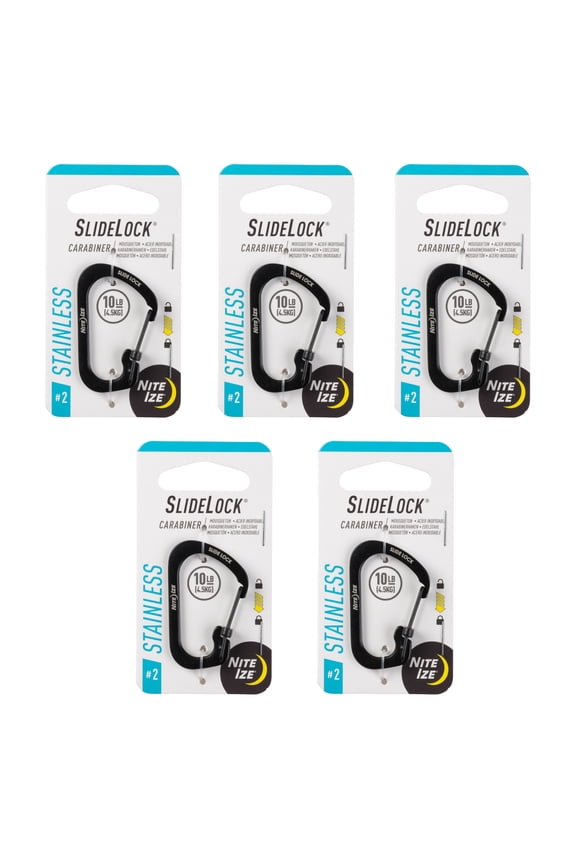 SlideLock Carabiner Stainless Steel - Key Holder for Daily Use - Secure Keychain Organizer with Lock - Lockable Carabiner Fits Multiple Keys - Size 2, Black (5 Pack)