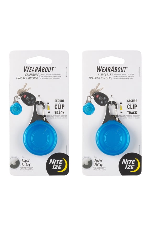 WearAbout Clippable Tracker Holder - Tracker Keychain & Carabiner Clip - Lightweight Holder with SlideLock Case, Steel Clip & Wire Gate - Compatible with Apple AirTag - Blue (2 Pack)