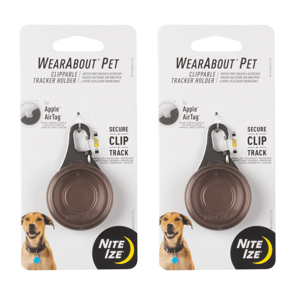 Nite Ize WearAbout Pet Clippable Tracker Holder - Compatible with Apple AirTag - Pet Tracker Keychain & Carabiner Clip - Lightweight Holder with SlideLock Case, Steel Clip & Wire Gate -Smoke (2 Pack)