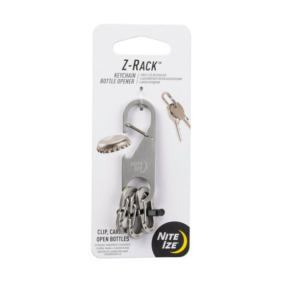 Nite Ize Z-Rack Keychain Bottle Opener - Small Stainless-Steel Keychain - Carabiner with Bottle Opener with Three MicroLink Mini Carabiners