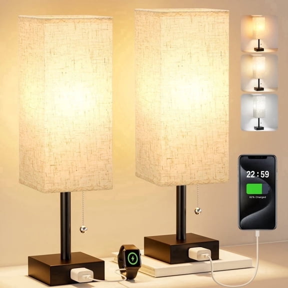 NiteLoom Bedside Table Lamps Set of 2 with AC Outlet, 3 Color Temperature Pull Chain Control, Modern White Nightstand Light for Bedroom, Office, Dorm