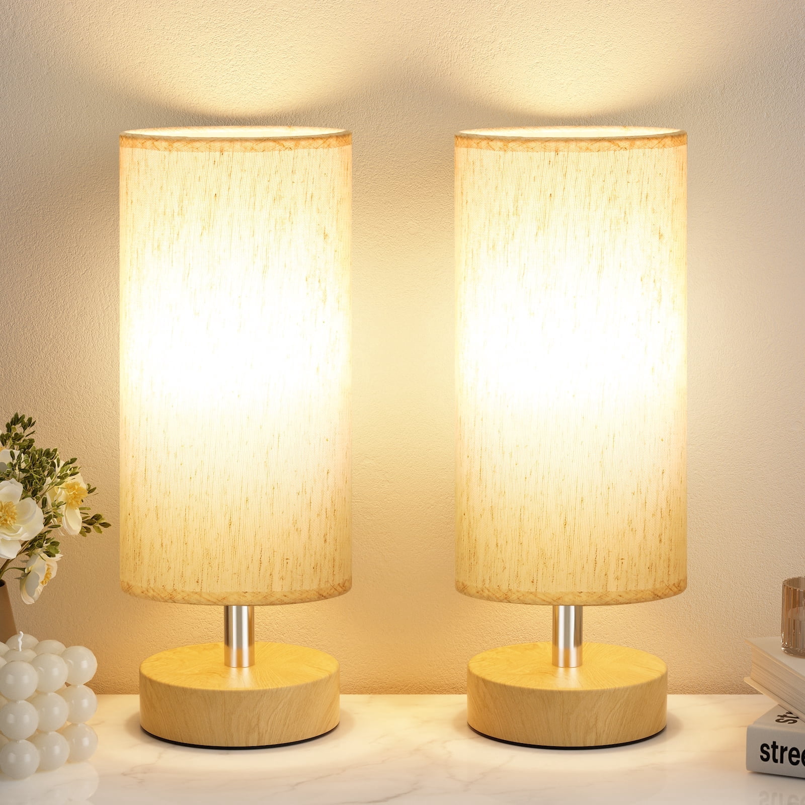 NiteLoom Bedside Table Lamp Set of 2, Cream Fabric Shade Minimalist Nightstand Light for Bedroom, Living Room, Dorm, Office