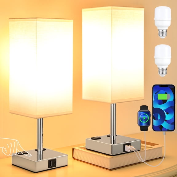 NiteLoom Bedside Table Lamps Set of 2 for Bedroom, Touch 3 Way Dimmable Nightstand Light, USB C+A & 2 AC Outlet for Living Room, Dorm, White