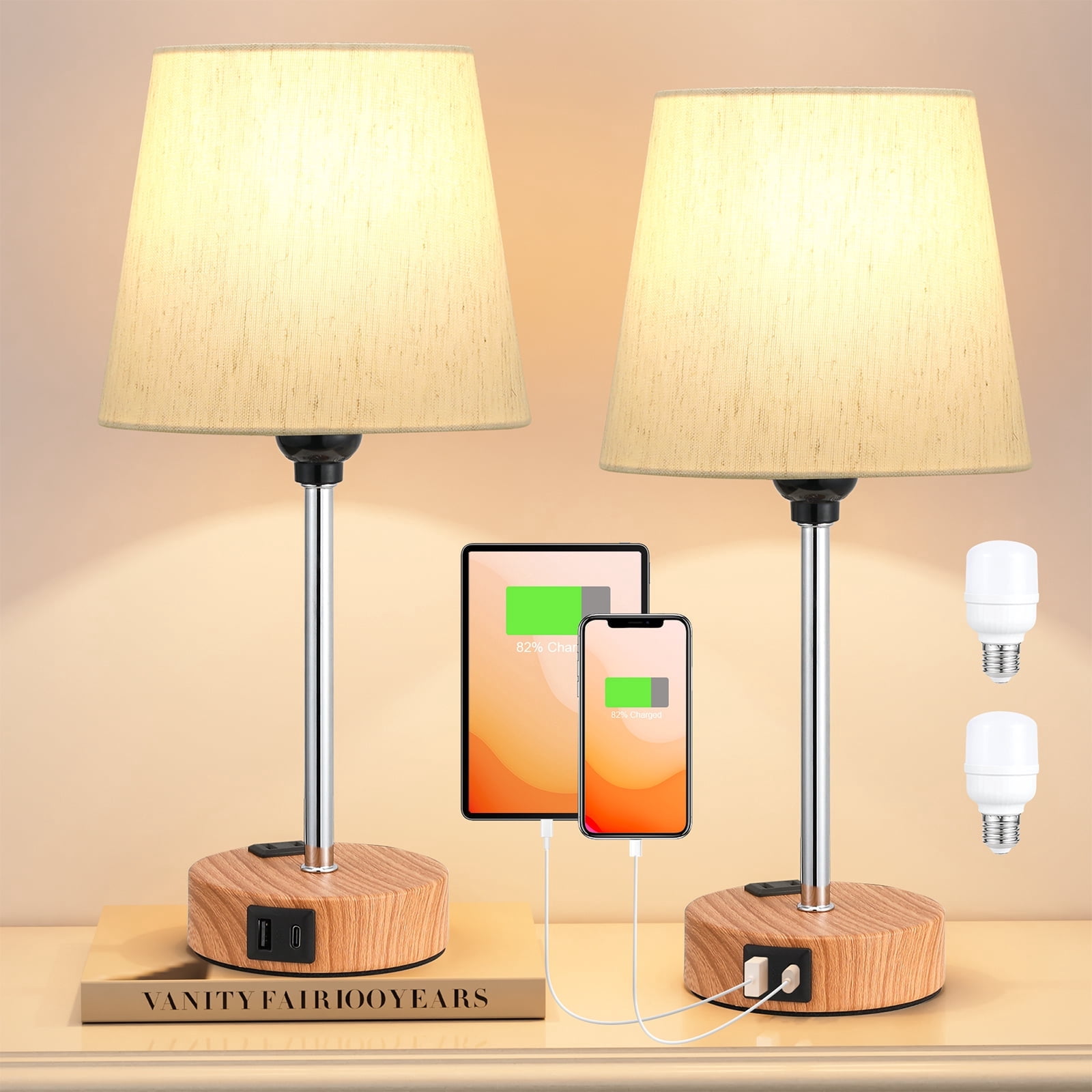 NiteLoom Bedside Table Set with USB C+A and AC Outlet,Touch Control 3 ...