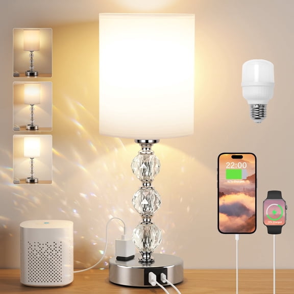 NiteLoom Crystal Bedside Lamp with USB-A+C Charging Ports and AC Outlet, 3 Way Dimmable Table Lamp with White Fabric Shade and Silver Base for Bedroom, Living Room, Dorm, Guest Room, Dining Room