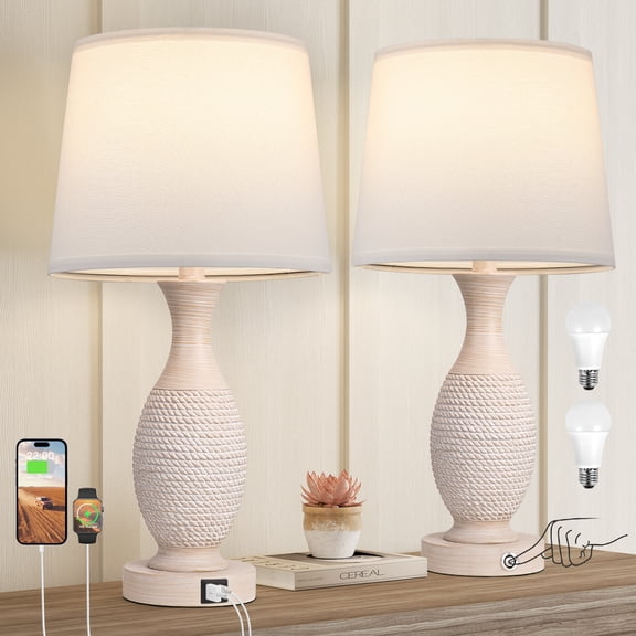 NiteLoom Farmhouse Bedside Table Lamp Set of 2 with USB C+A,Touch Control 3 Way Dimmable Resin Nightstand Light for Bedroom, Living Room, Dorm, Office