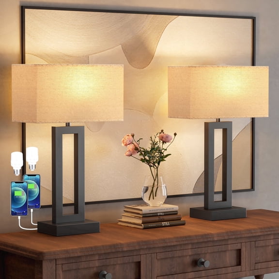 NiteLoom Touch Bedside Lamp Set of 2 for Night Stands with USB-A+C, 3-Way Dimmable Table Lamps with Beige Fabric For Living Room, Office, Dorm, Guest Room