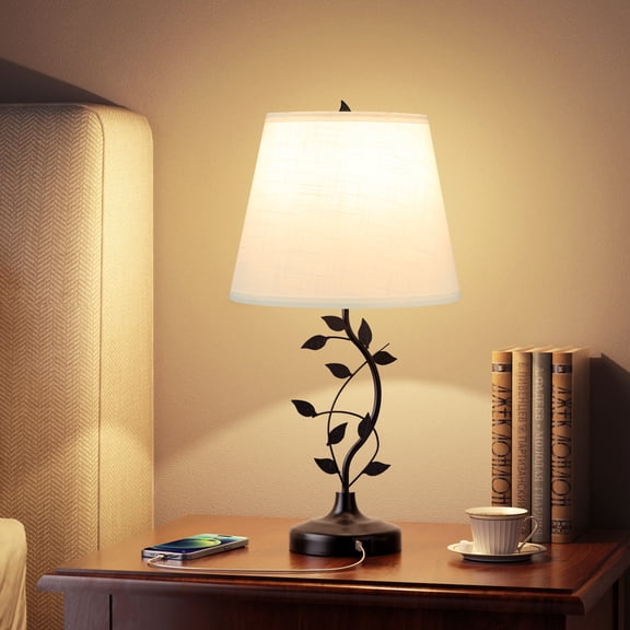 NiteLoom Rustic Table Lamp for Bedroom, Living Room, End Table, Touch Nightstand Lamp with Charging Station