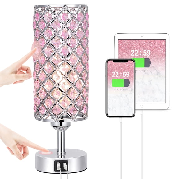 NiteLoom Touch Crystal Table Lamp with USB-A+C Charging Ports, Bedside Silver Nightstand Light with 3-Way Dimmable for Bedroom, Living Room, Office, Dorm