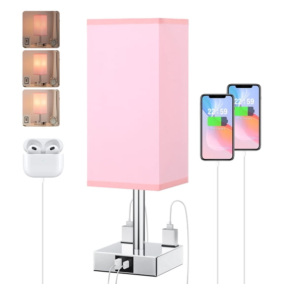 NiteLoom Touch Table Lamp for Bedroom, 3 Way Dimmable Nightstand Bedside Light with USB C+A and 2 AC Outlets for Living Room, Dorm, Office