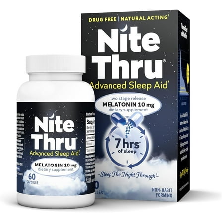 NiteThru Advanced Sleep Aid Melatonin Dietary Supplement, 10mg Capsules, 60 Count
