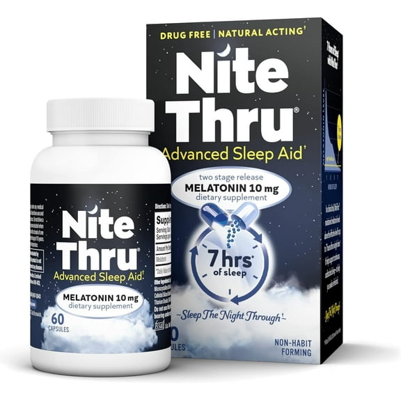 NiteThru Advanced Sleep Aid Melatonin Dietary Supplement, 10mg Capsules, 60 Count