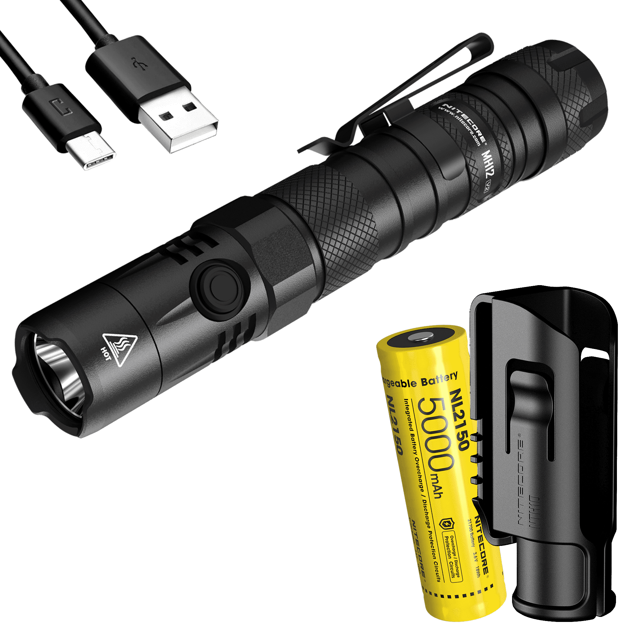 Nitecore MH12 v2 CREE XP-L2 V6 LED USB-C Rechargeable Flashlight w/5000mAh Battery, 21700, White, 1200 Lumens, Black, 6952506405985