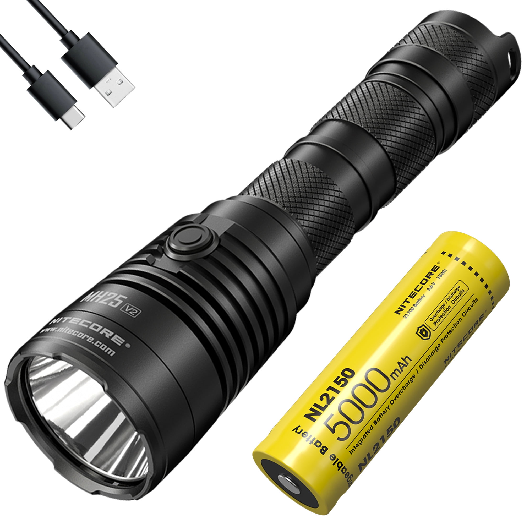 Nitecore MH25 v2 High Performance White USB-C Rechargeable Flashlight, 21700, White, 1300 Lumens, Black, 6952506407026