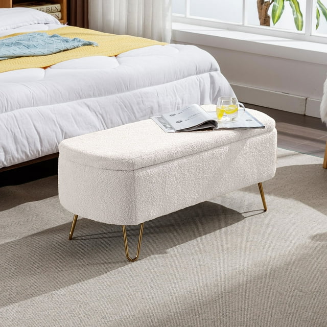 Niteris Ivory White Faux Fur Storage Ottoman Bench with Gold Legs