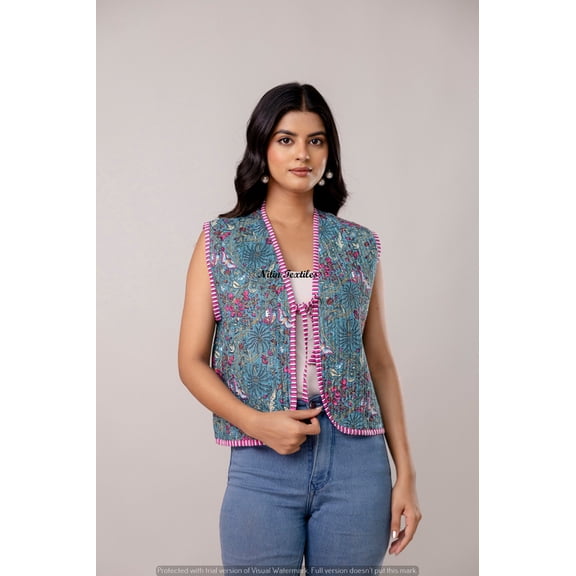 Nitin Textiles Women’s Floral Quilted Cotton Vest, Teal Blue Waistcoat with Pink & Mustard Boho Motifs, Tie-Up Front Jacket for Summer Layering