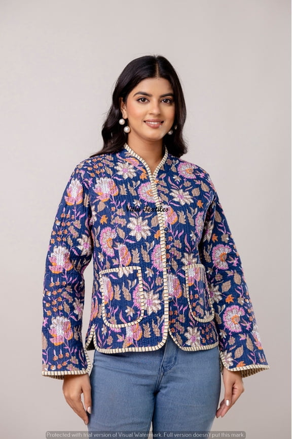 Women’s Floral Quilted Waistcoat, Navy Cotton Padded Full Sleeve Jacket with Mandarin Collar, Ethnic and Western Layering Wear